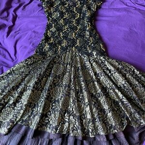 Black and Gold Lace Fit-and-Flare Dress